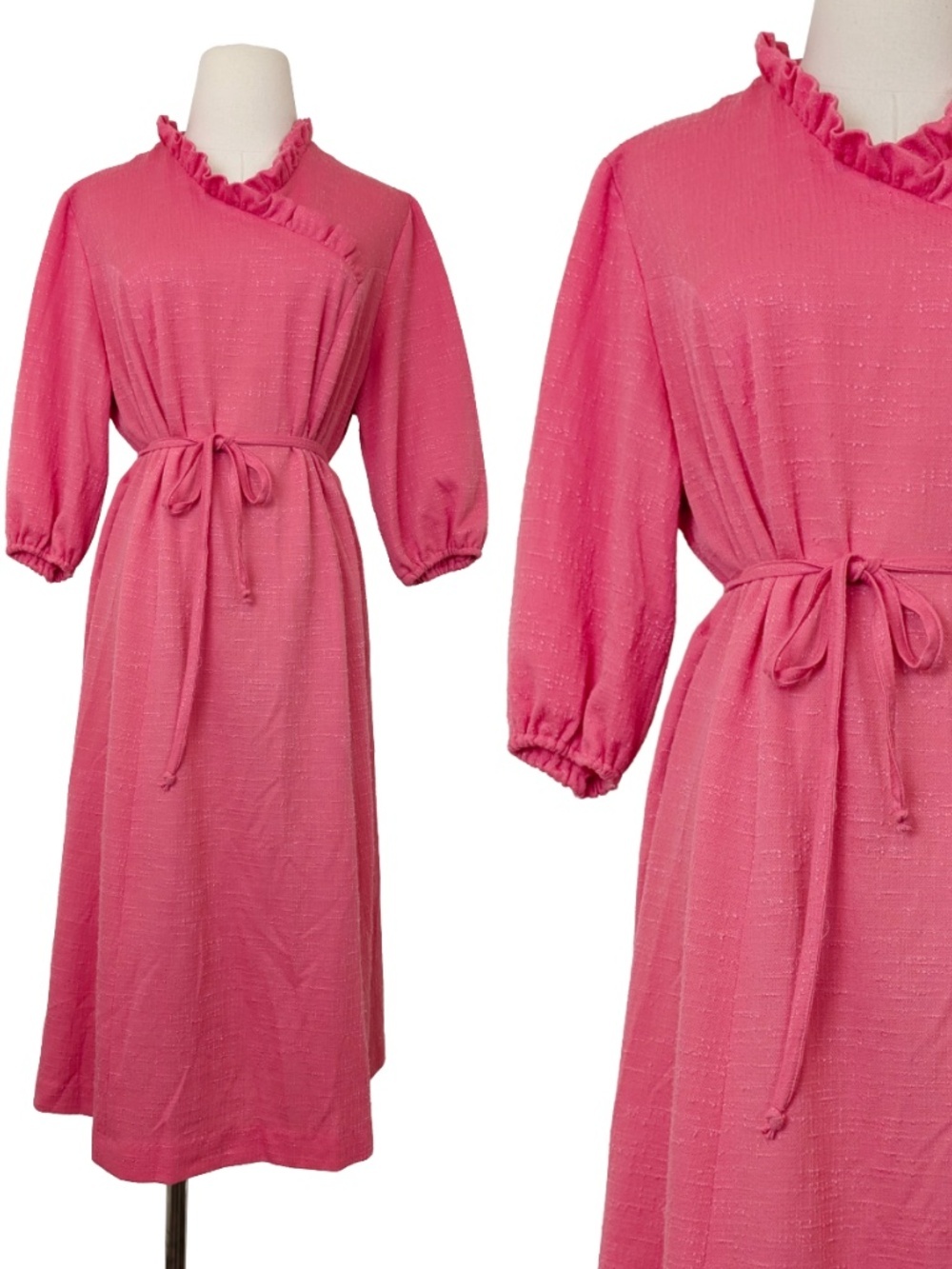 Vintage Coral Midi Dress Belted Size Medium Asymmetrical